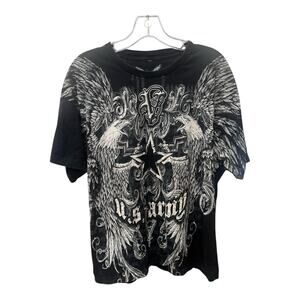 Y2K Apprime Army T-Shirt Size Large Black All Over Print Grunge Eagle Wings